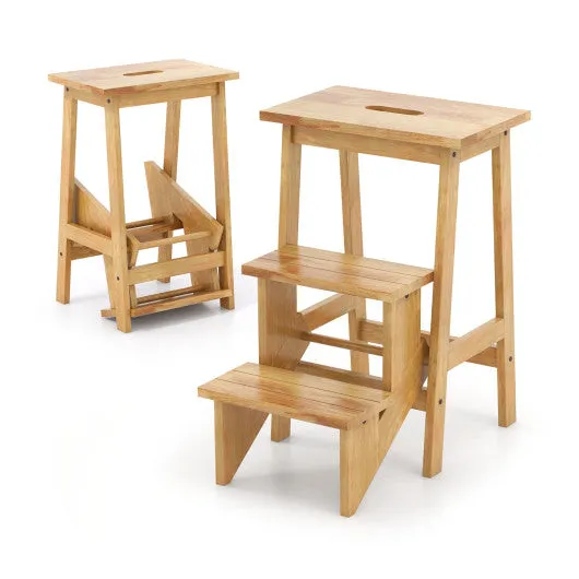 3-in-1 Rubber Wood Step Stool with Convenient Handle-Brown