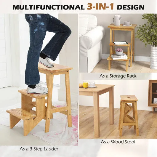 3-in-1 Rubber Wood Step Stool with Convenient Handle-Brown