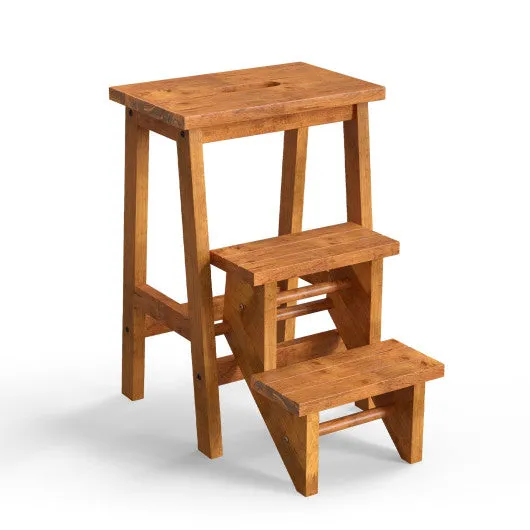 3-in-1 Rubber Wood Step Stool with Convenient Handle-Brown
