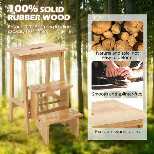 3-in-1 Rubber Wood Step Stool with Convenient Handle-Brown