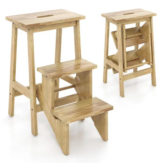 3-in-1 Rubber Wood Step Stool with Convenient Handle-Brown