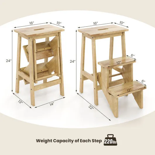 3-in-1 Rubber Wood Step Stool with Convenient Handle-Brown
