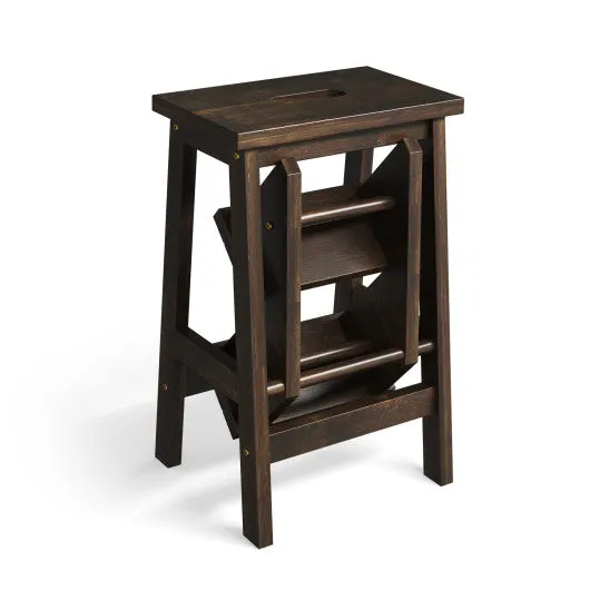 3-in-1 Rubber Wood Step Stool with Convenient Handle-Brown