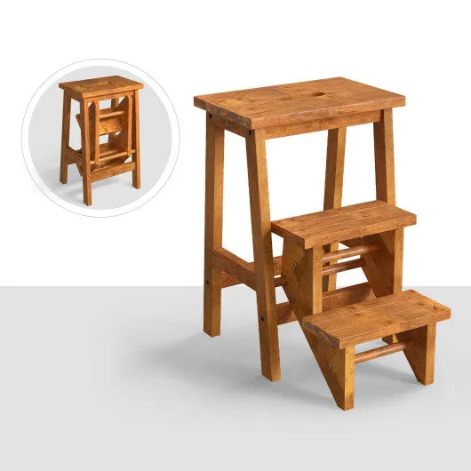 3-in-1 Rubber Wood Step Stool with Convenient Handle-Brown