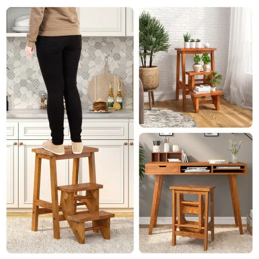 3-in-1 Rubber Wood Step Stool with Convenient Handle-Brown