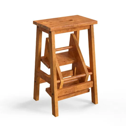 3-in-1 Rubber Wood Step Stool with Convenient Handle-Brown