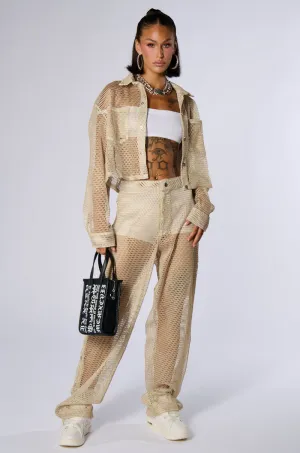 ALL THAT MESH WIDE LEG SNAP PANTS IN BEIGE