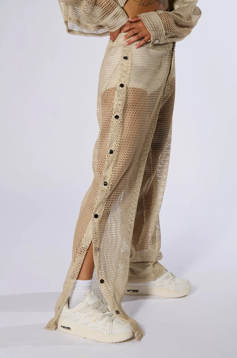 ALL THAT MESH WIDE LEG SNAP PANTS IN BEIGE