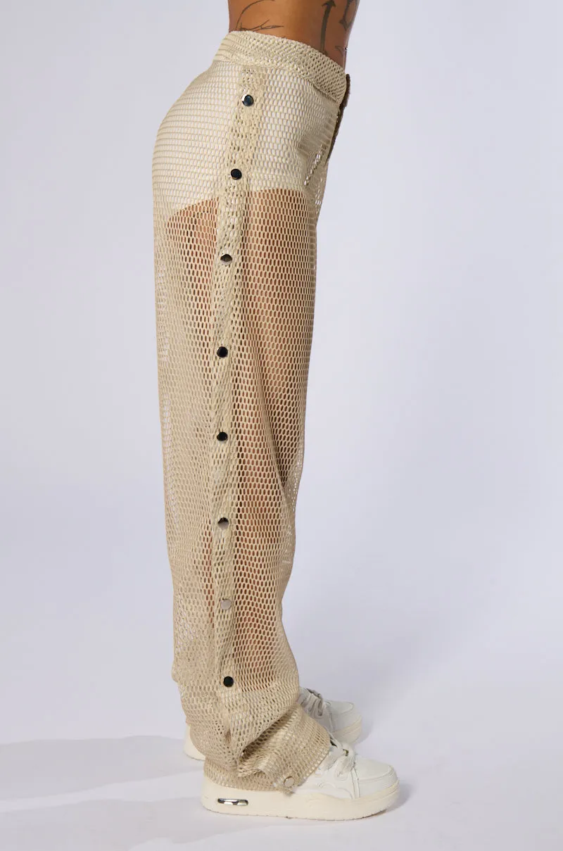 ALL THAT MESH WIDE LEG SNAP PANTS IN BEIGE