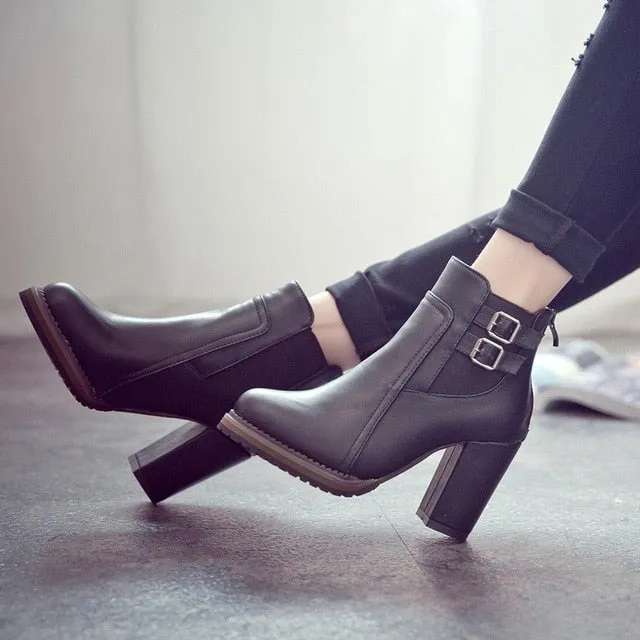 Amozae-Square Heel Ankle Boots Zapatos De Mujer Botas Size 35-43 New Autumn and Winter Boots Button High Heels Shoe Fashion