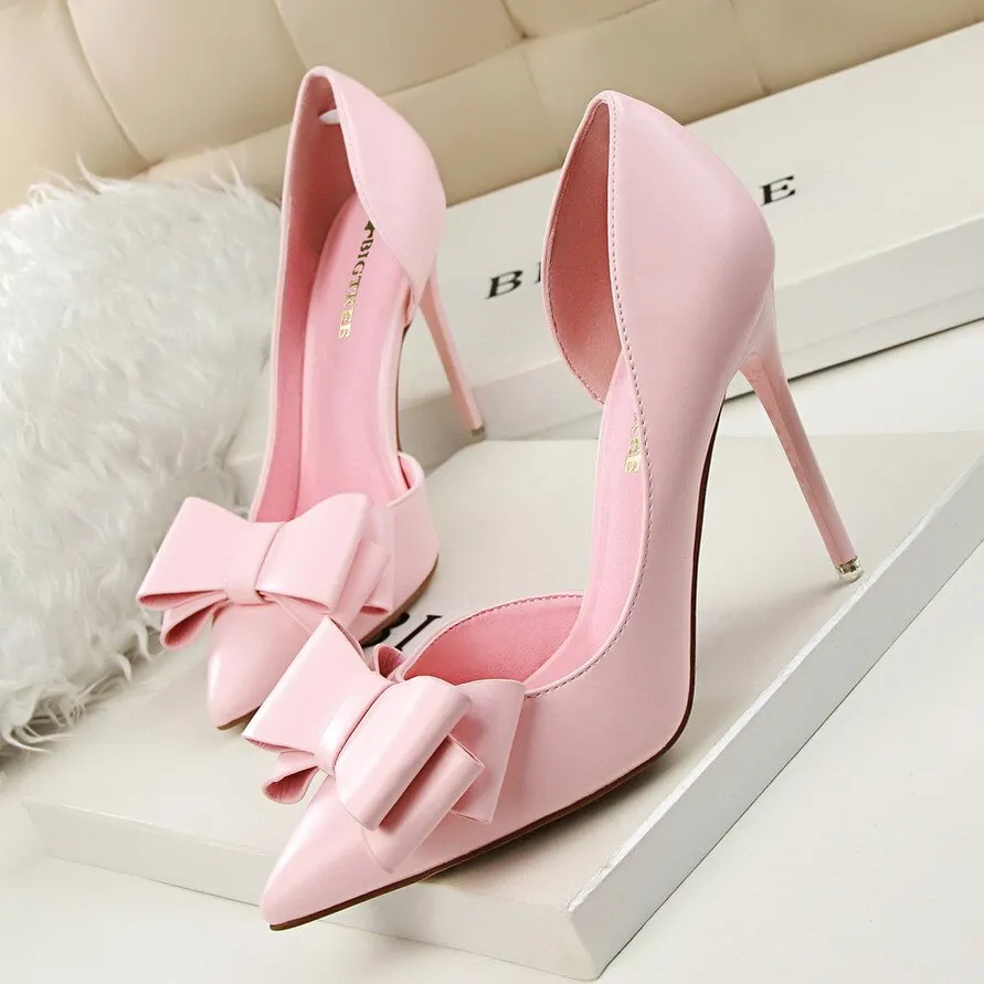 Amozae- Women Shoes Pumps 2024 PU Fashion Show Sweet Bowknot High Heels Stiletto High Heel Shallow Mouth Pointed Side Hollow Shoes