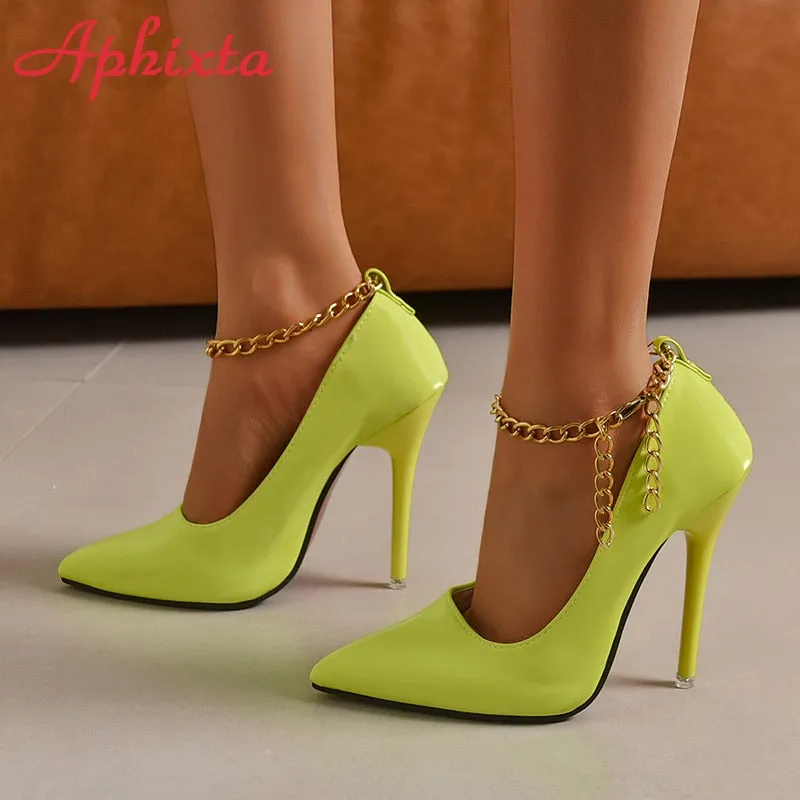 Aphixta 12cm Stiletto Heels Pumps Women Shoes Luxury Transparent Bead And Metal Chain Super High Pointed Toe Plus Big 49 50
