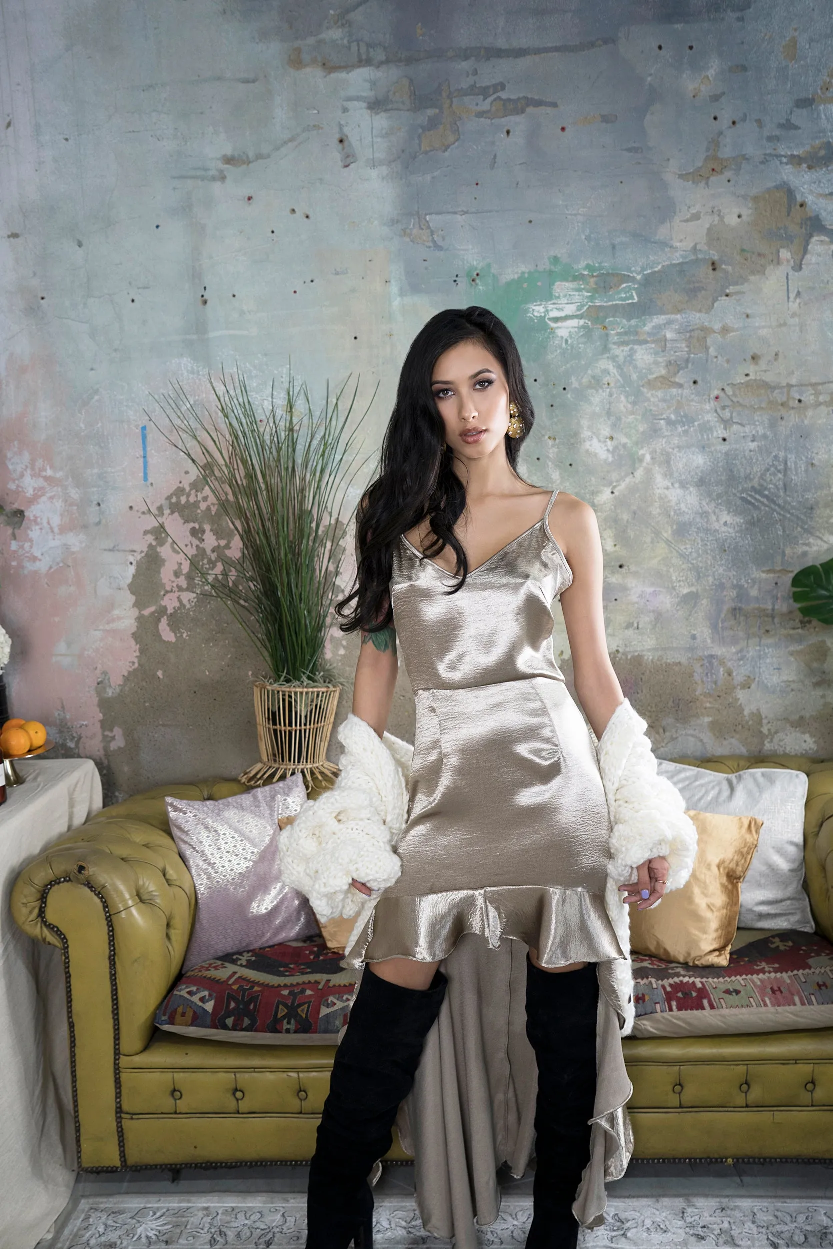 Asal Silky Gold Ruffle Maxi Dress
