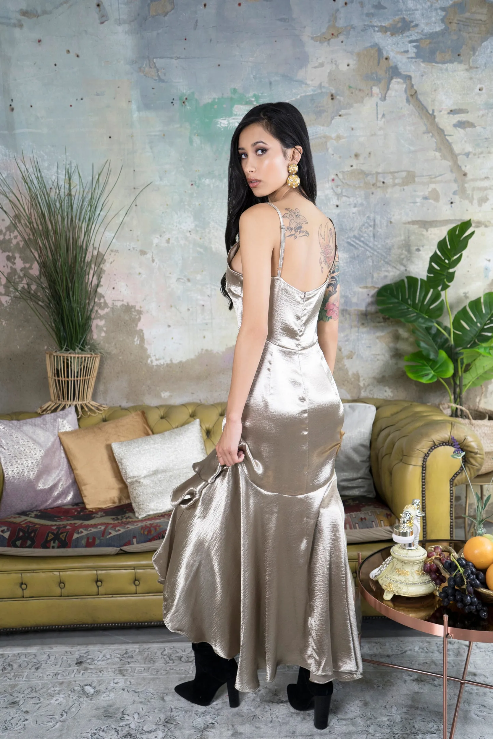 Asal Silky Gold Ruffle Maxi Dress