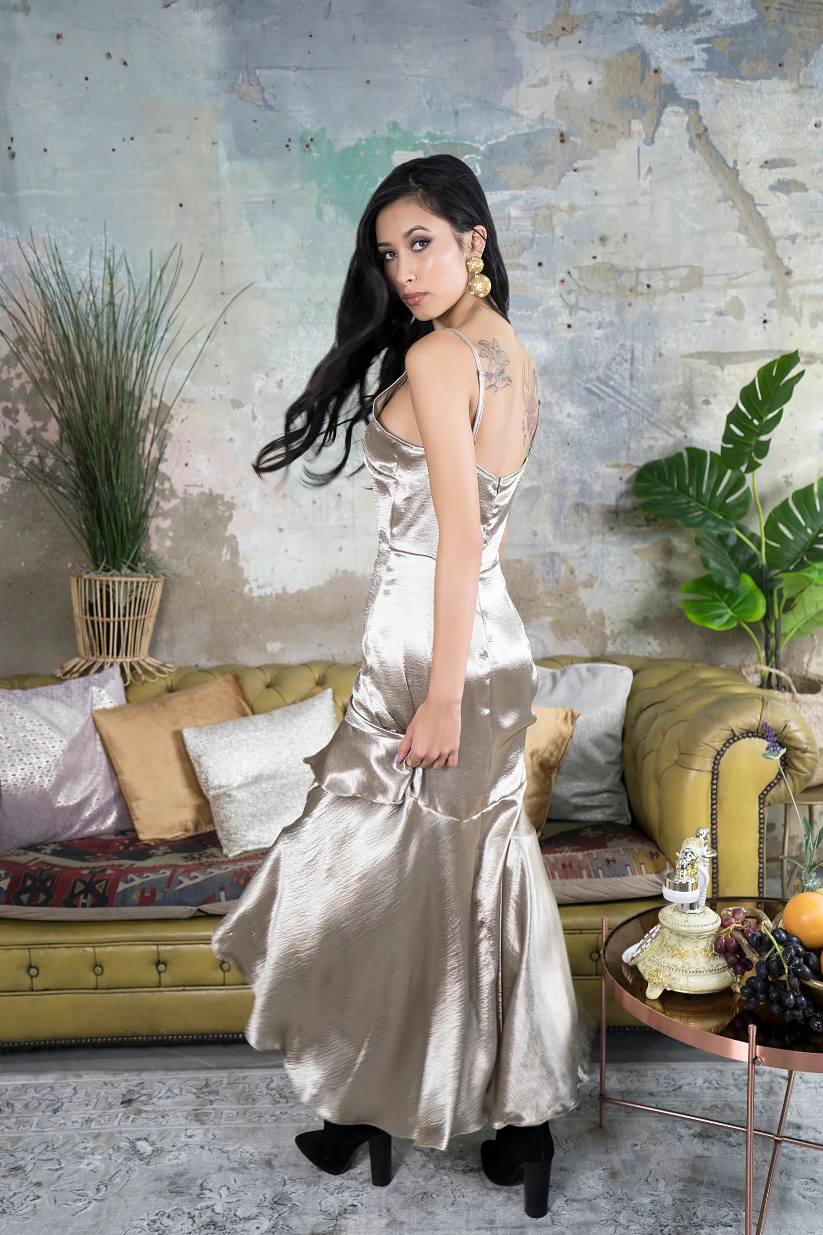 Asal Silky Gold Ruffle Maxi Dress