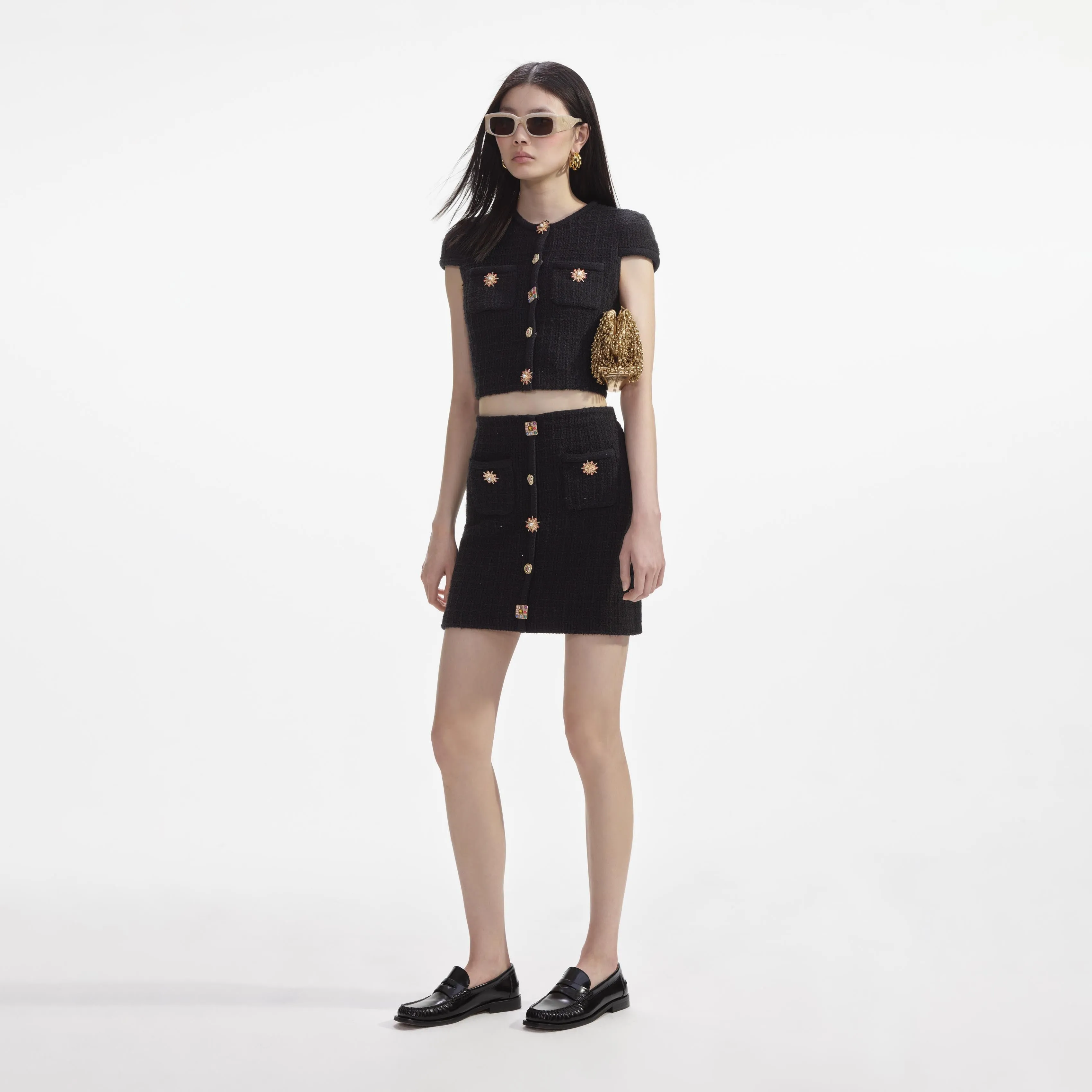 Black Jewel Button Knit Mini Skirt