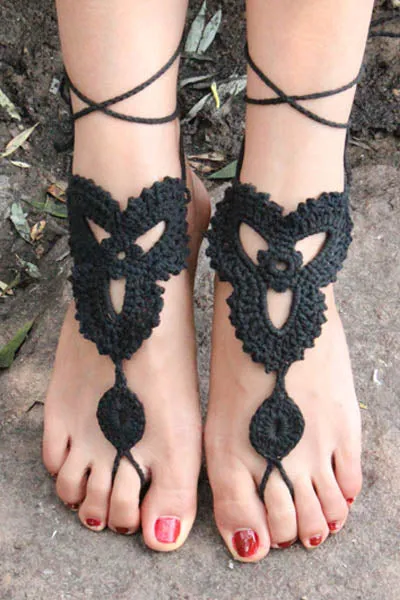 Black Triangle Floral Crochet Barefoot Sandals