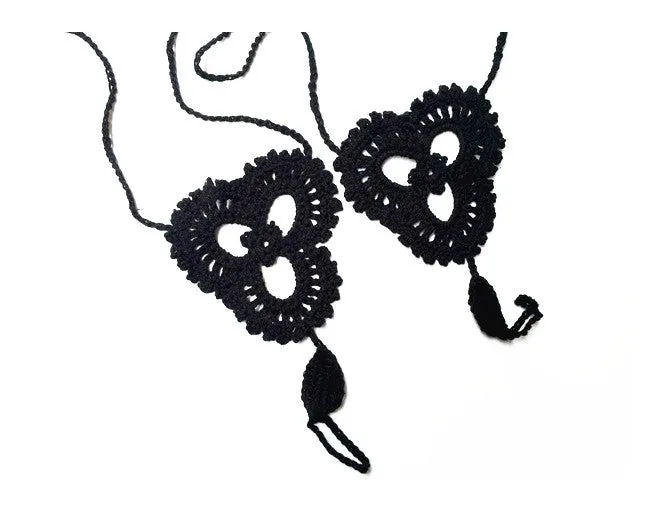 Black Triangle Floral Crochet Barefoot Sandals