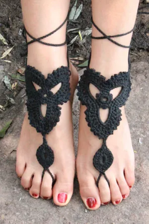 Black Triangle Floral Crochet Barefoot Sandals