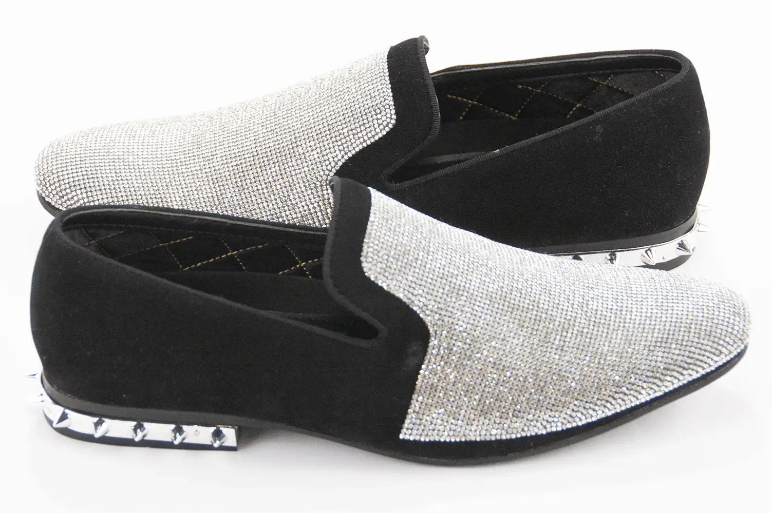 Black Velvet & Silver Rhinestone Spiked Heel Loafers