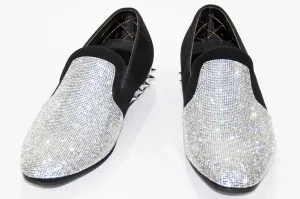 Black Velvet & Silver Rhinestone Spiked Heel Loafers