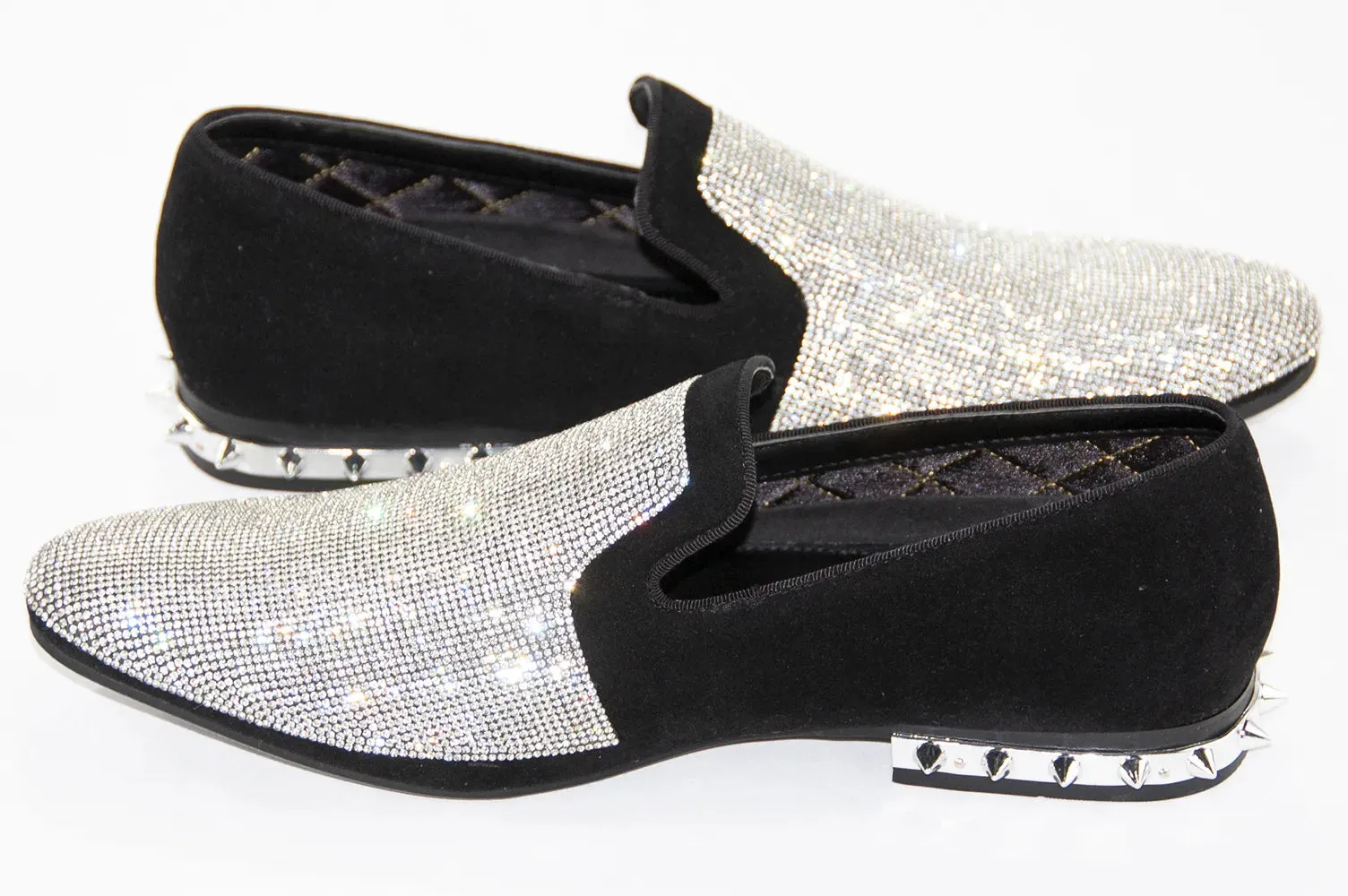 Black Velvet & Silver Rhinestone Spiked Heel Loafers
