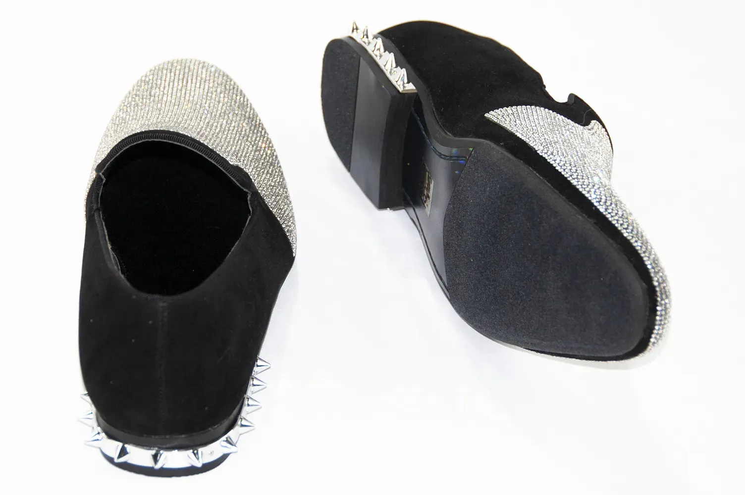 Black Velvet & Silver Rhinestone Spiked Heel Loafers
