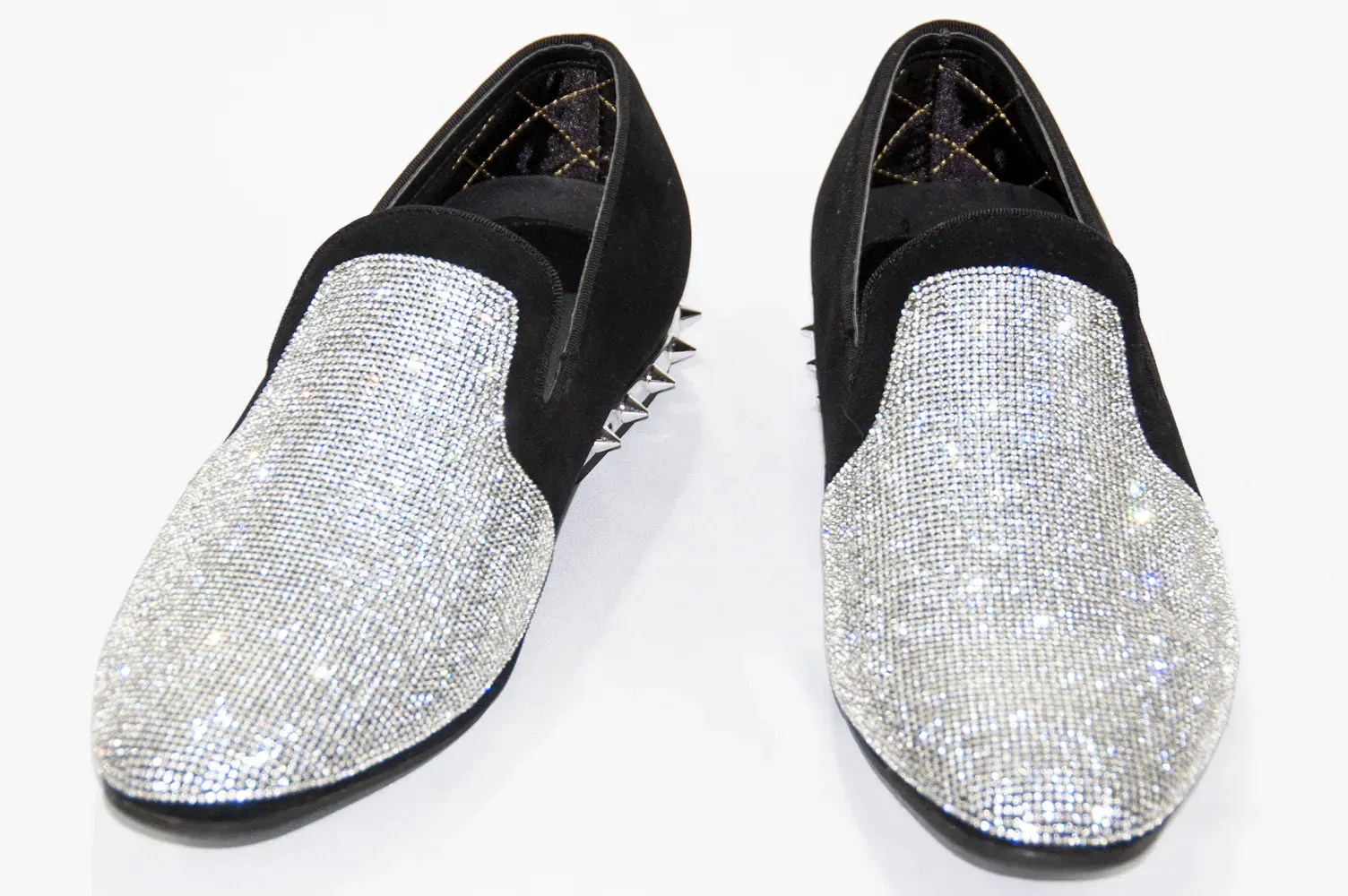 Black Velvet & Silver Rhinestone Spiked Heel Loafers