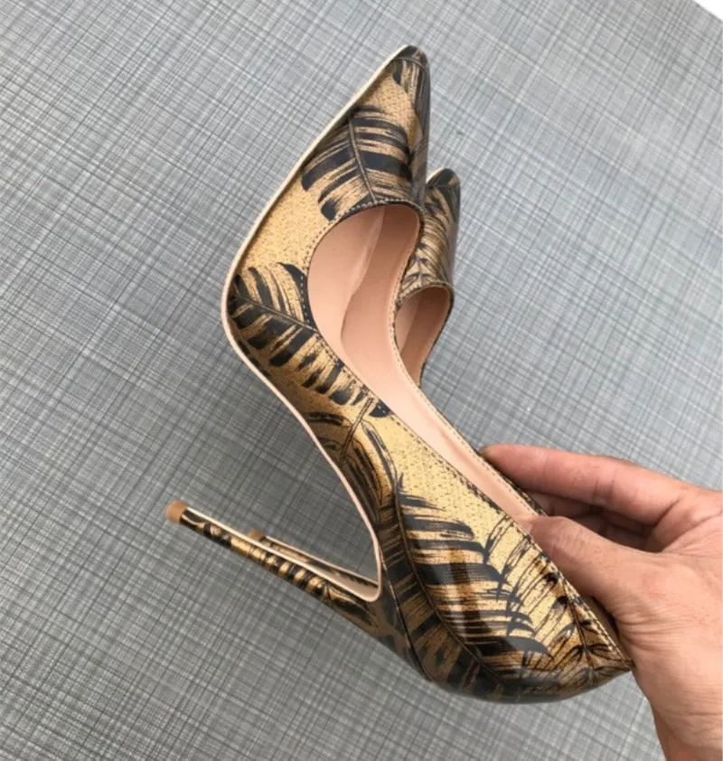Bronze Banana Leaf  Print High Heels