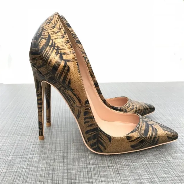 Bronze Banana Leaf  Print High Heels