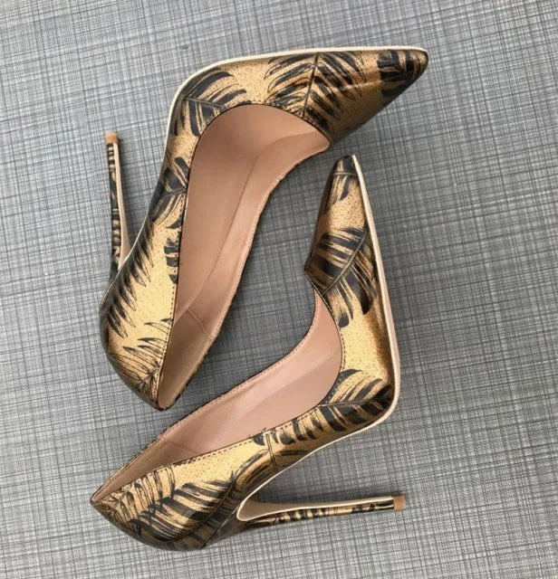 Bronze Banana Leaf  Print High Heels