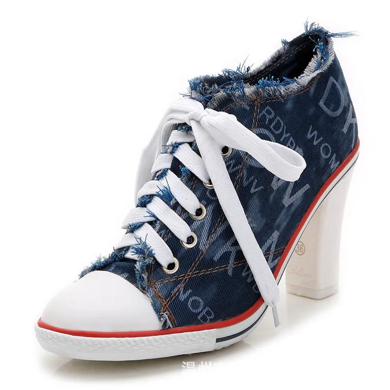 Camouflage Round Toe Lace Up Chunky Middle Heels Short Boots