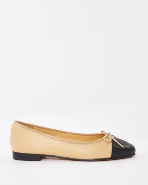 Chanel Beige & Black Classic Logo Ballerina Flats - 38C