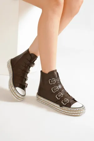 Dark Brown Vegan Leather Buckle Studded Platform Sneakers
