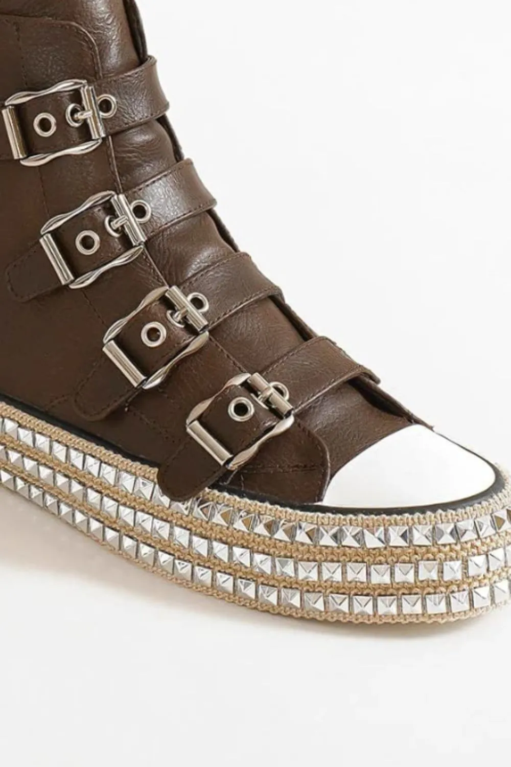 Dark Brown Vegan Leather Buckle Studded Platform Sneakers