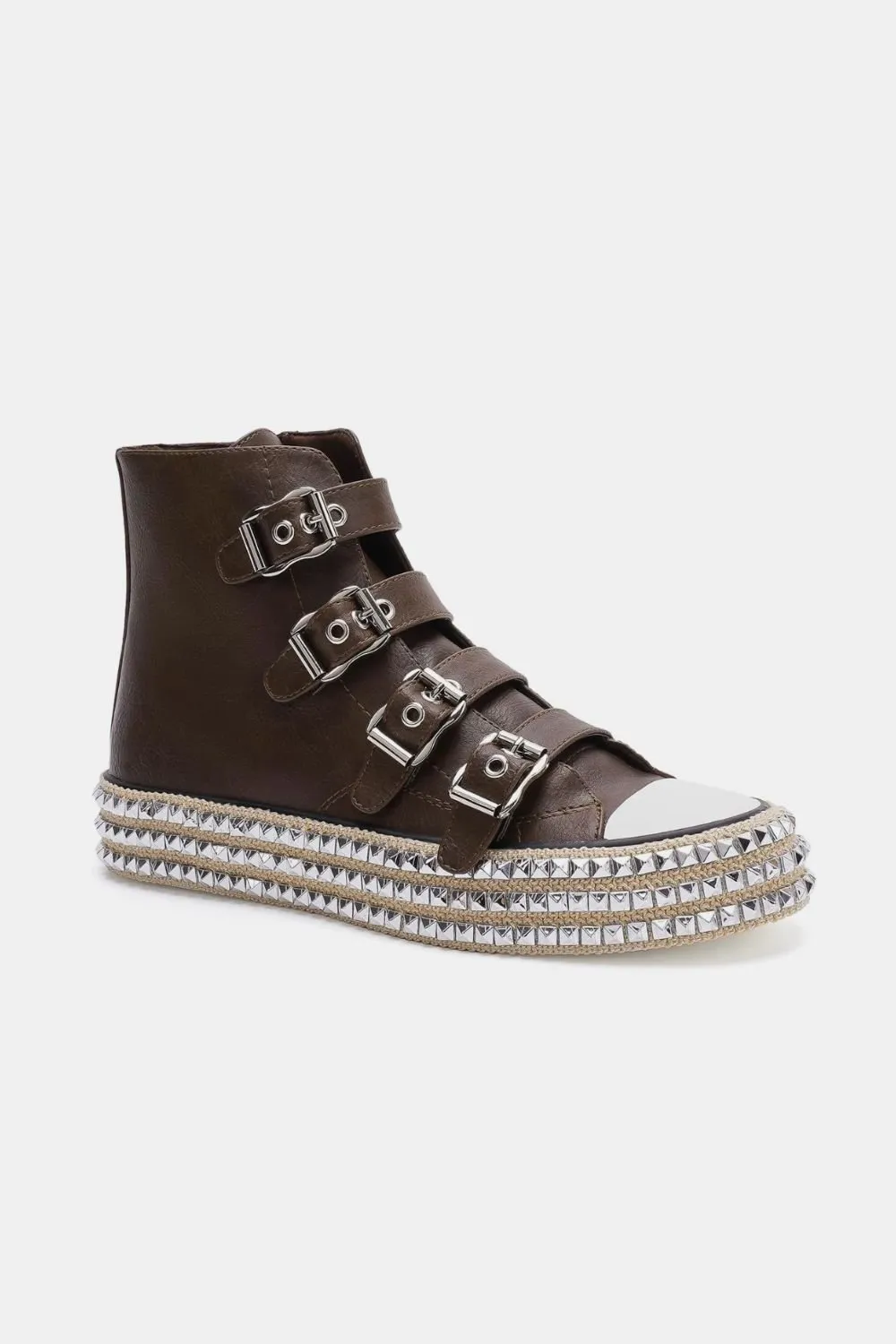 Dark Brown Vegan Leather Buckle Studded Platform Sneakers
