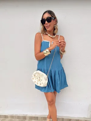 Denim Contrasting White Stitch Detail Dress