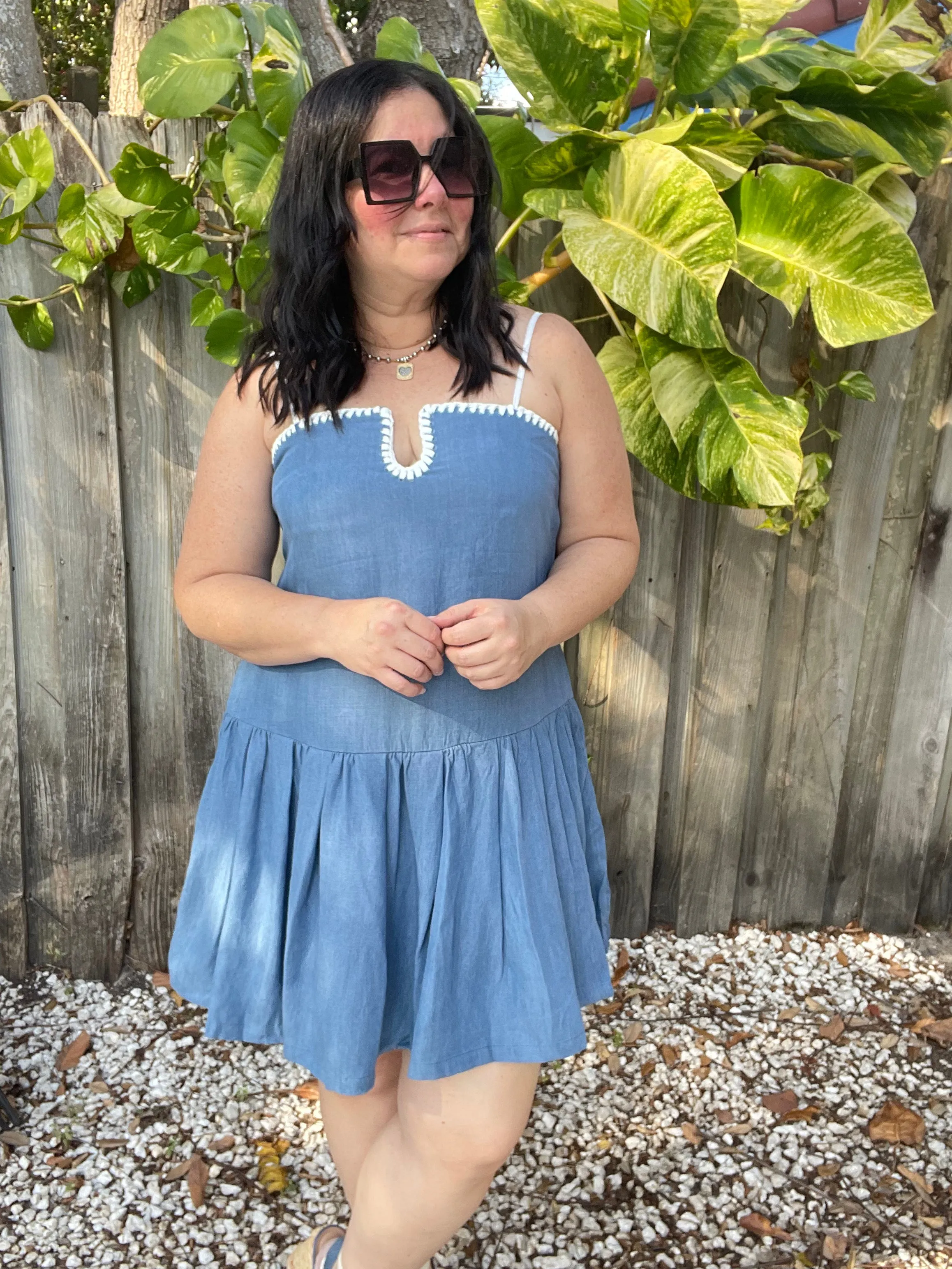 Denim Contrasting White Stitch Detail Dress
