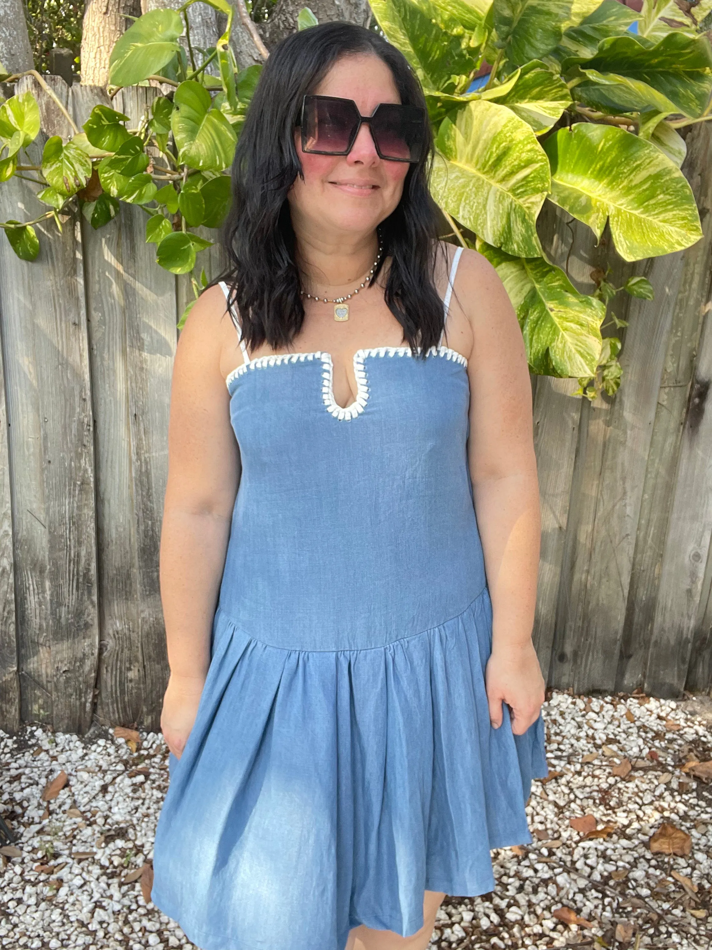 Denim Contrasting White Stitch Detail Dress
