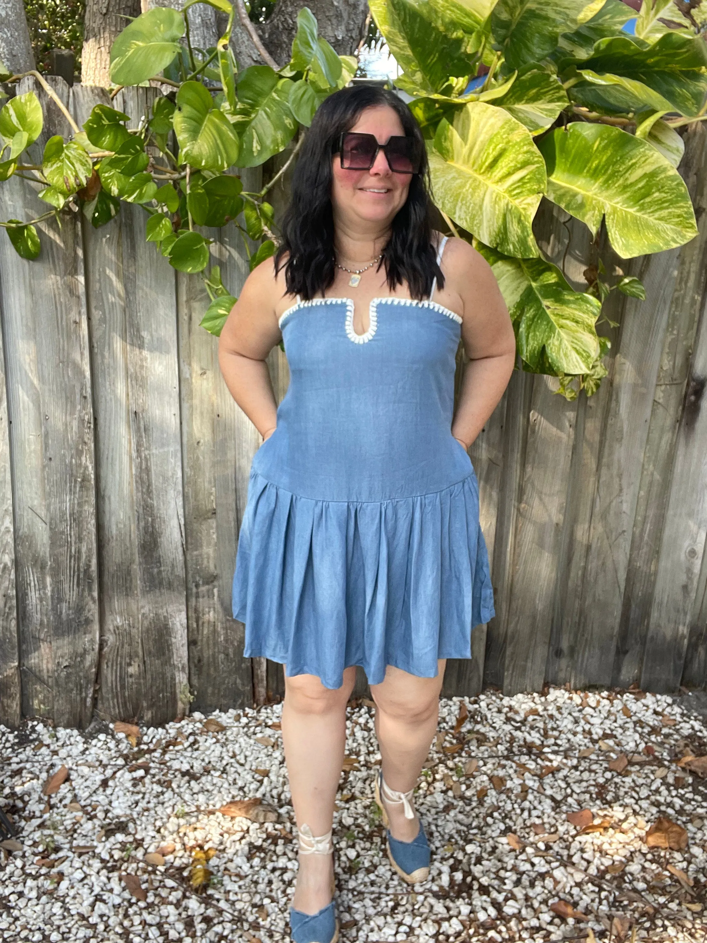 Denim Contrasting White Stitch Detail Dress