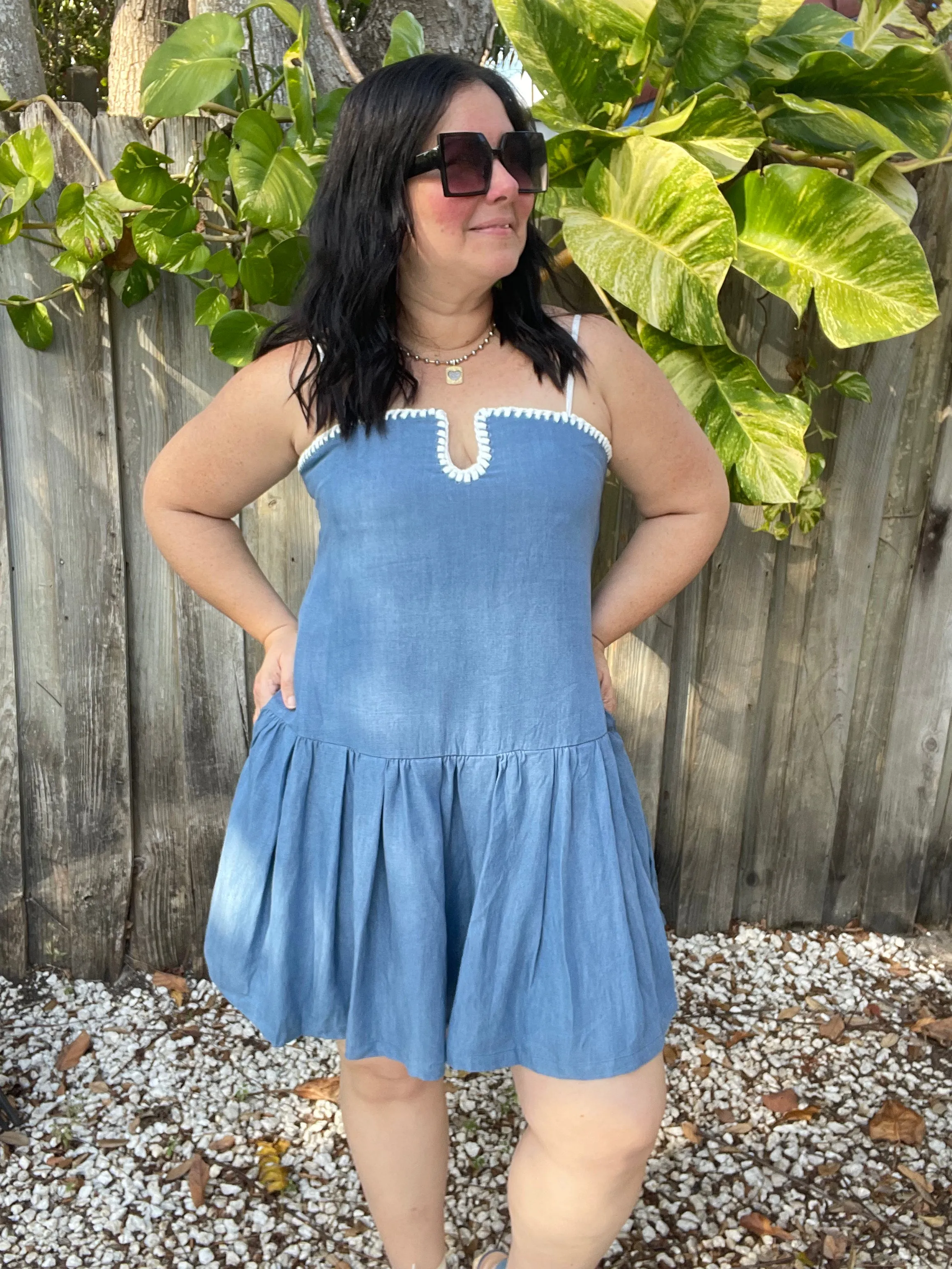 Denim Contrasting White Stitch Detail Dress
