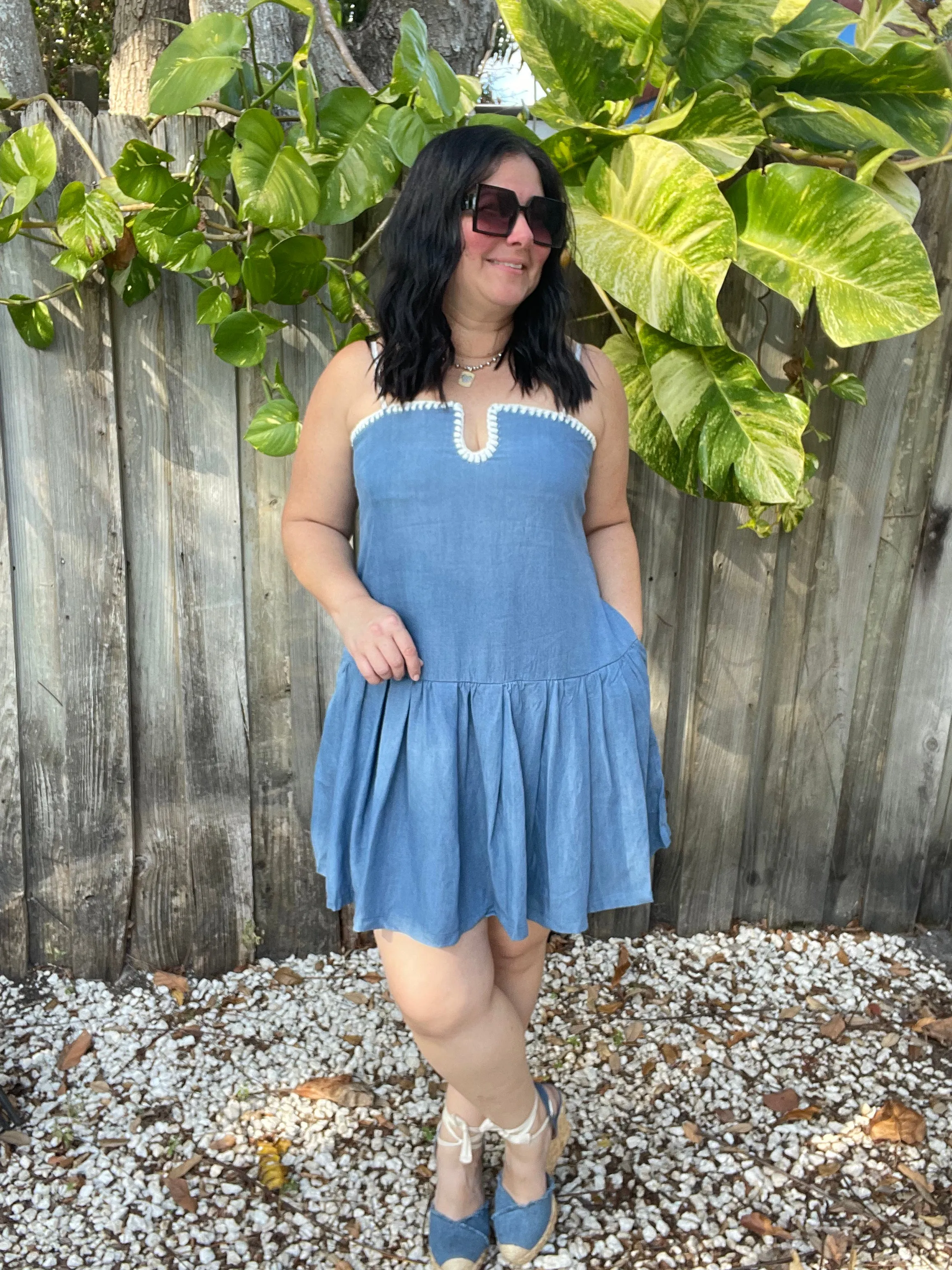 Denim Contrasting White Stitch Detail Dress