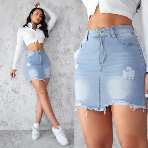 Distressed Raw Hem Denim Skirt