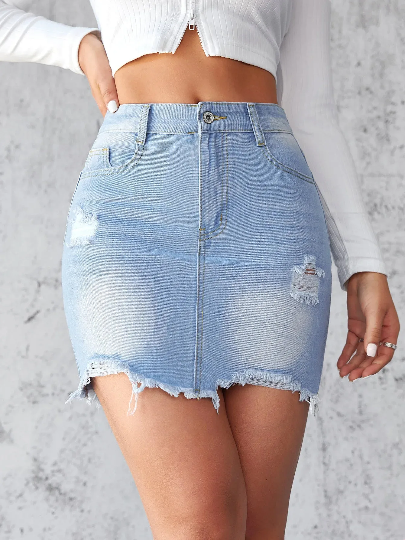 Distressed Raw Hem Denim Skirt