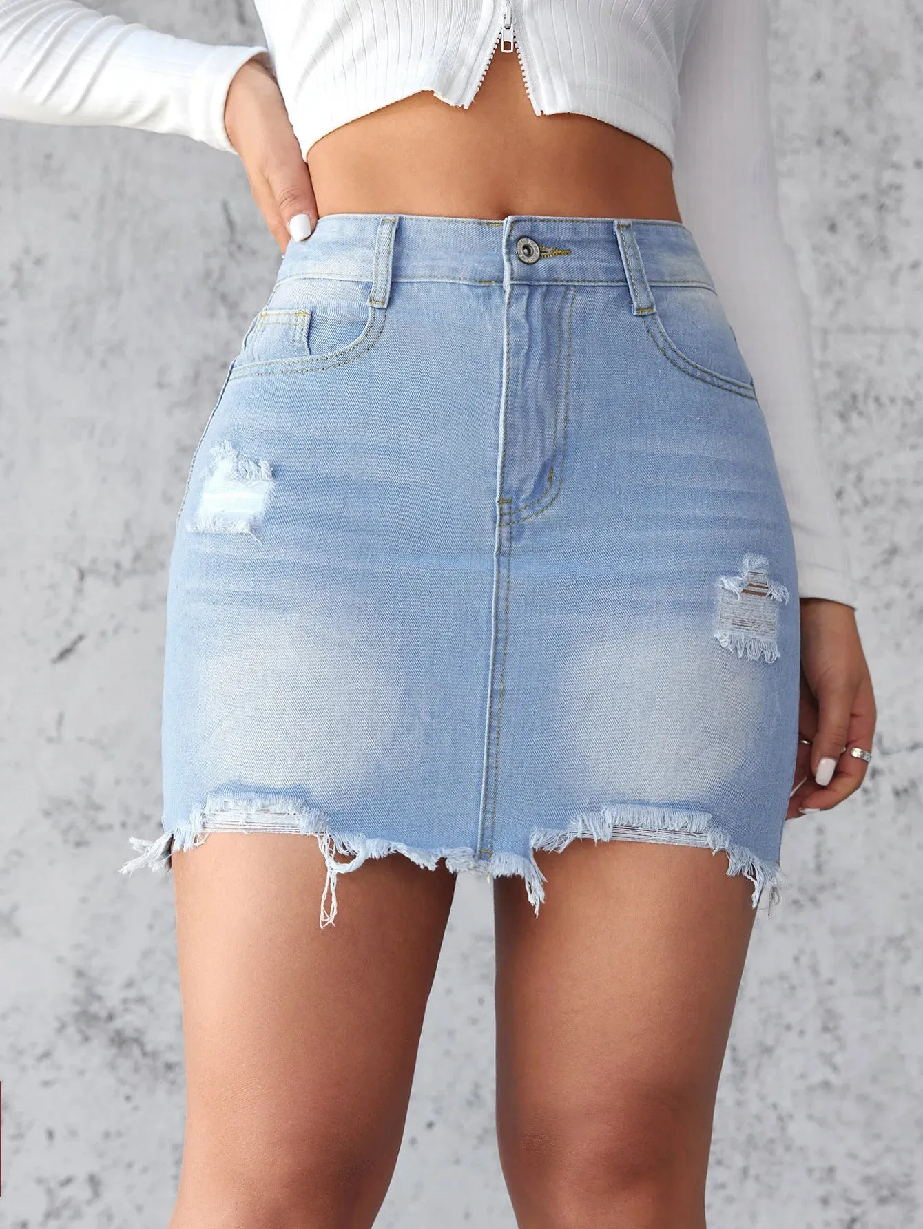 Distressed Raw Hem Denim Skirt