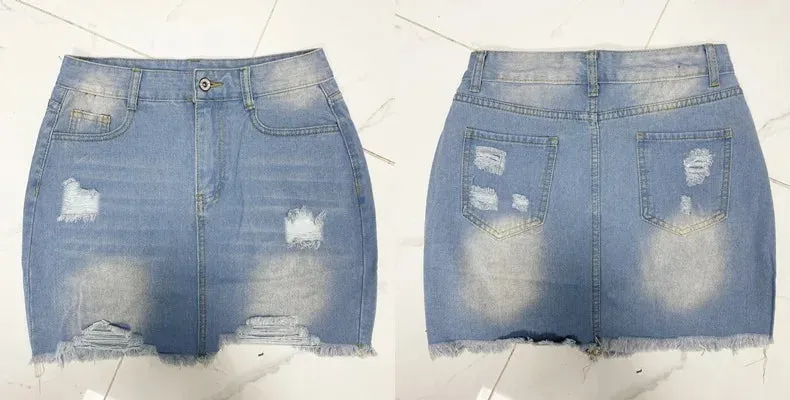 Distressed Raw Hem Denim Skirt
