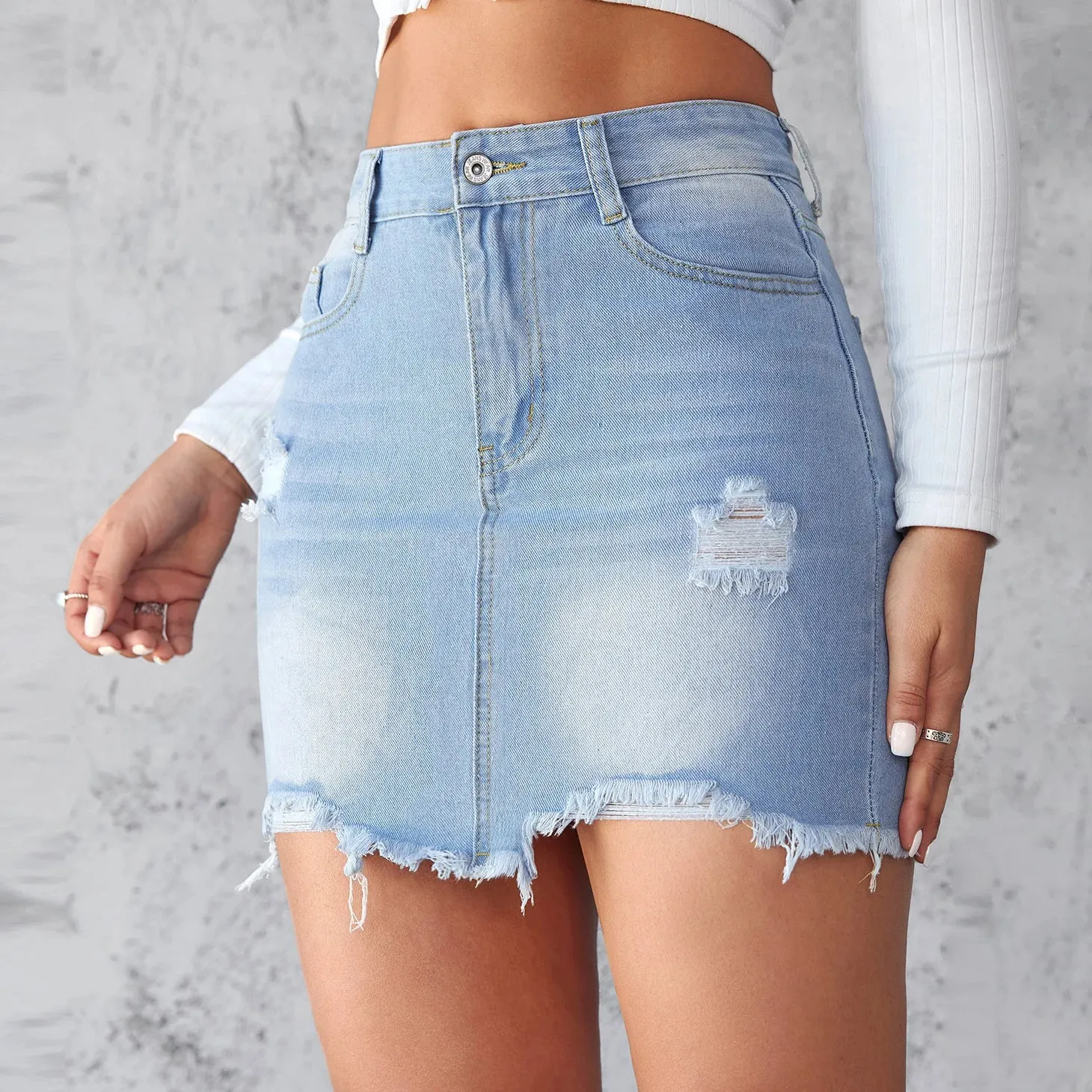 Distressed Raw Hem Denim Skirt