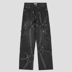 edgy spider graphic cargo pants
