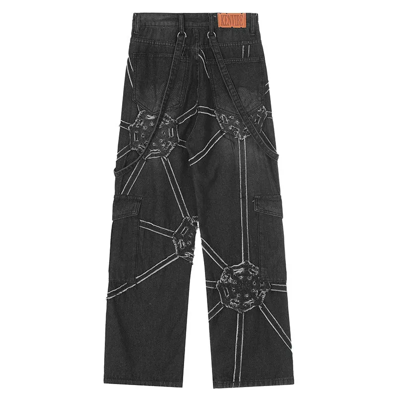 edgy spider graphic cargo pants
