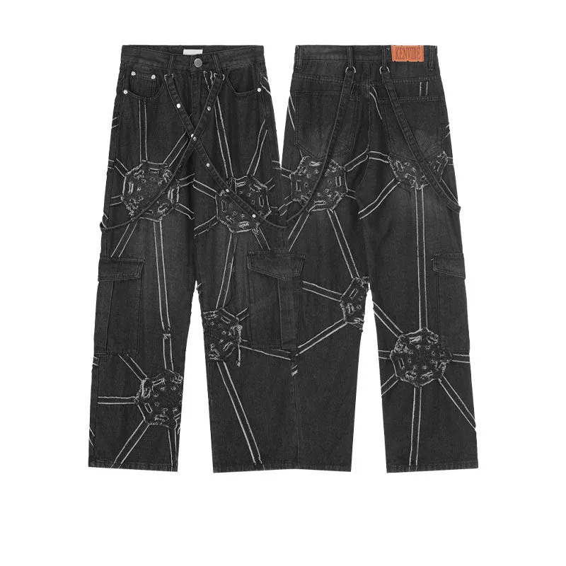 edgy spider graphic cargo pants